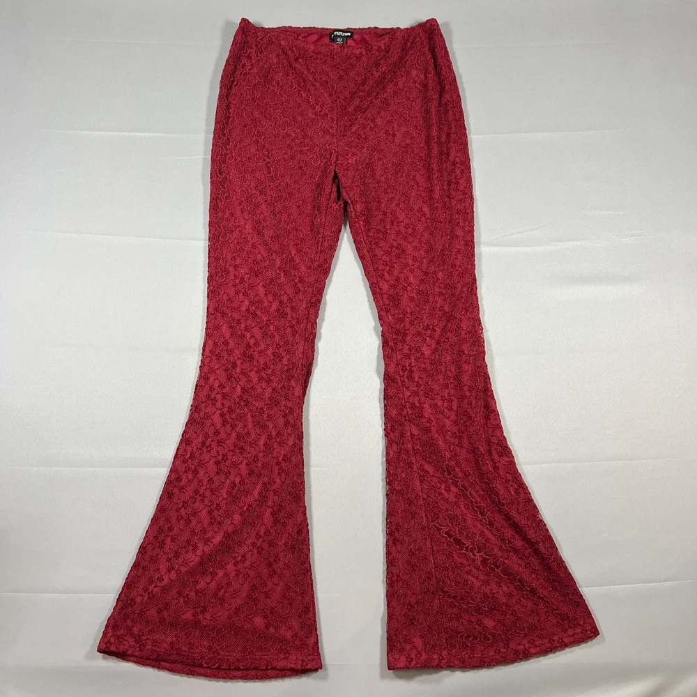 Pretty Little Thing Sheer Lace Flared Leg Pants Womens 8 Maroon High Waisted